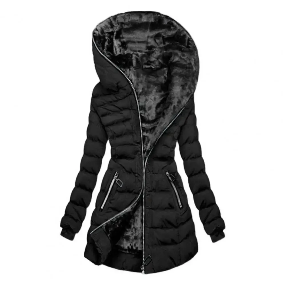 Fabulous Winter Coat Solid Color Zipper Closure Wear-resistant Hooded Quilted Women Overcoat