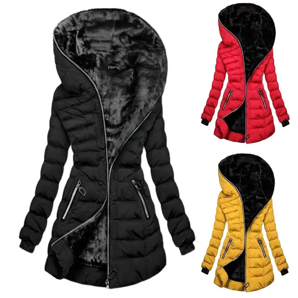 Fabulous Winter Coat Solid Color Zipper Closure Wear-resistant Hooded Quilted Women Overcoat