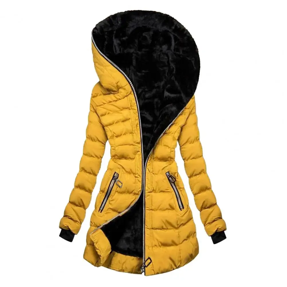 Fabulous Winter Coat Solid Color Zipper Closure Wear-resistant Hooded Quilted Women Overcoat