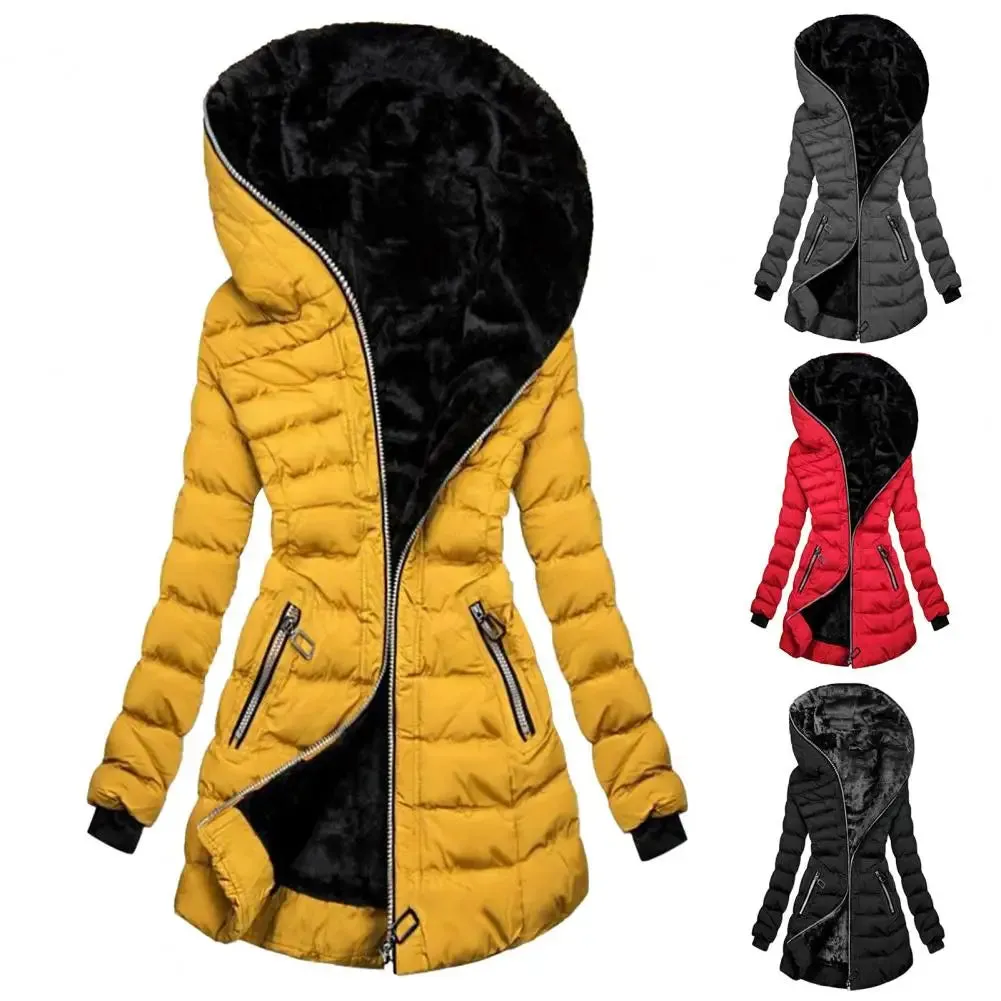 Fabulous Winter Coat Solid Color Zipper Closure Wear-resistant Hooded Quilted Women Overcoat