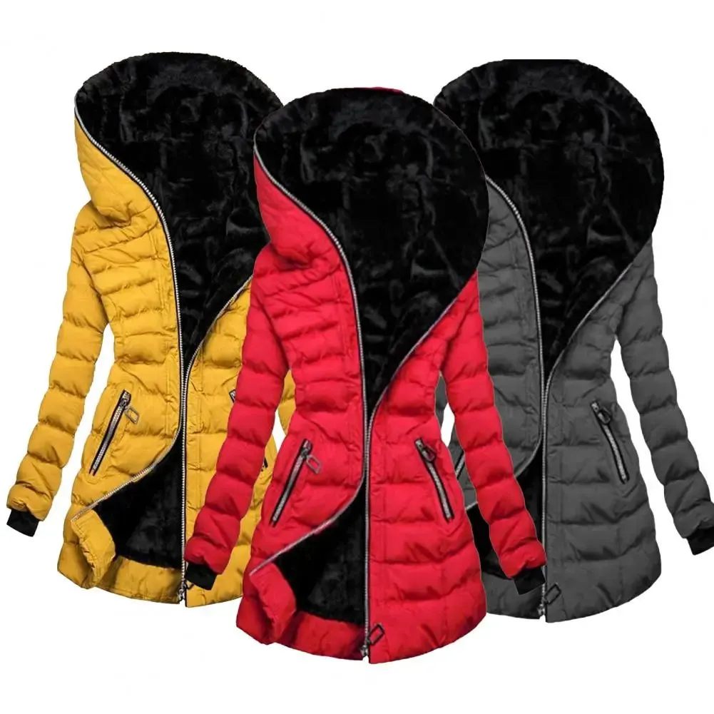 Fabulous Winter Coat Solid Color Zipper Closure Wear-resistant Hooded Quilted Women Overcoat