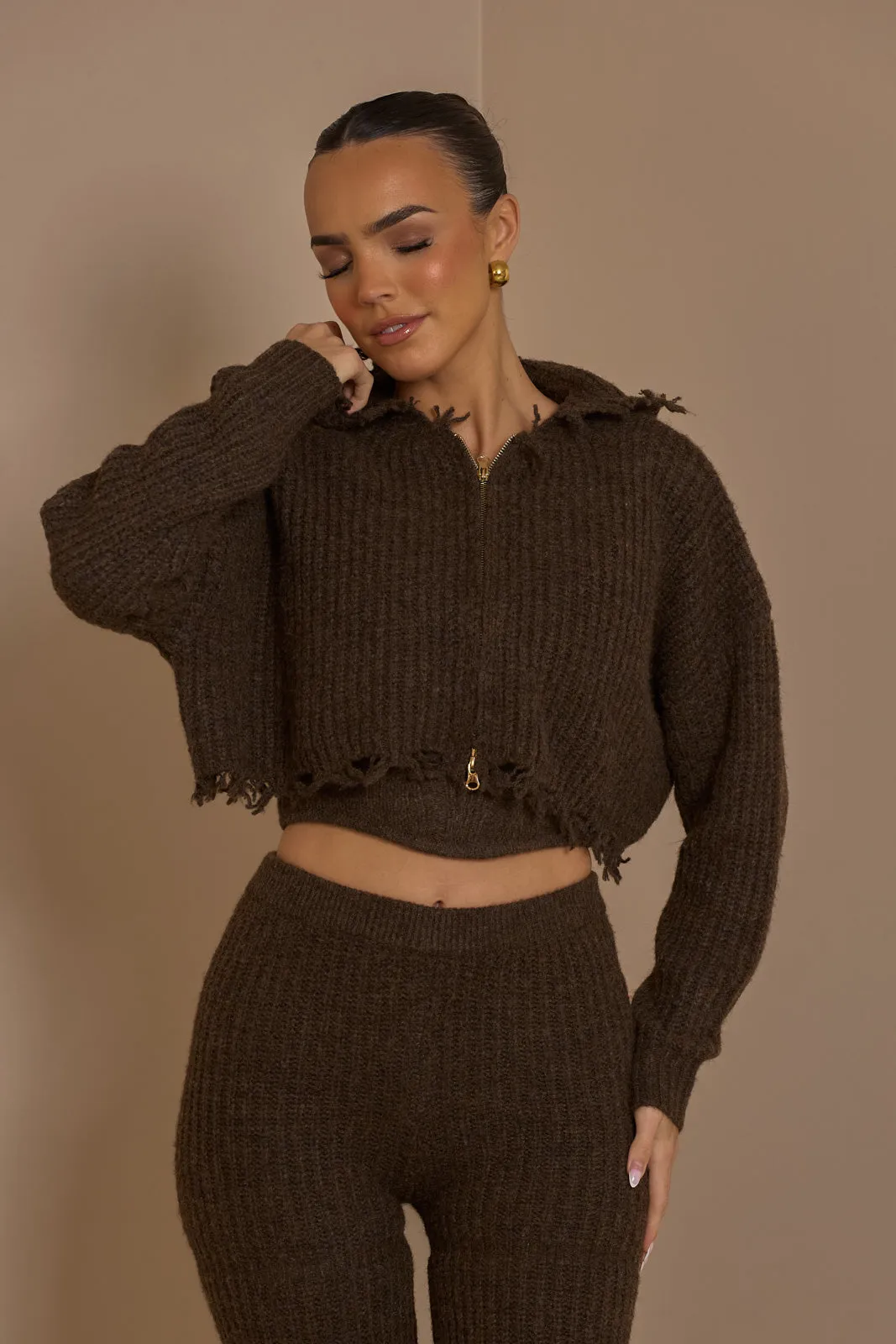 FC ROMI CROPPED KNIT JACKET IN CHOCOLATE