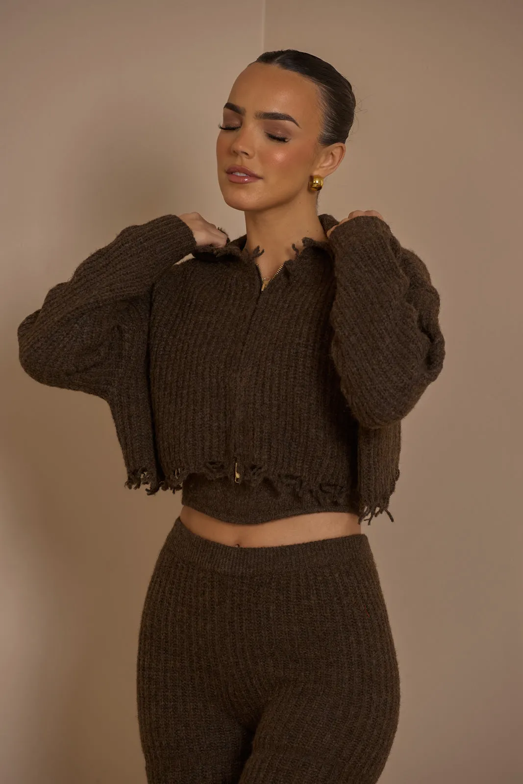 FC ROMI CROPPED KNIT JACKET IN CHOCOLATE