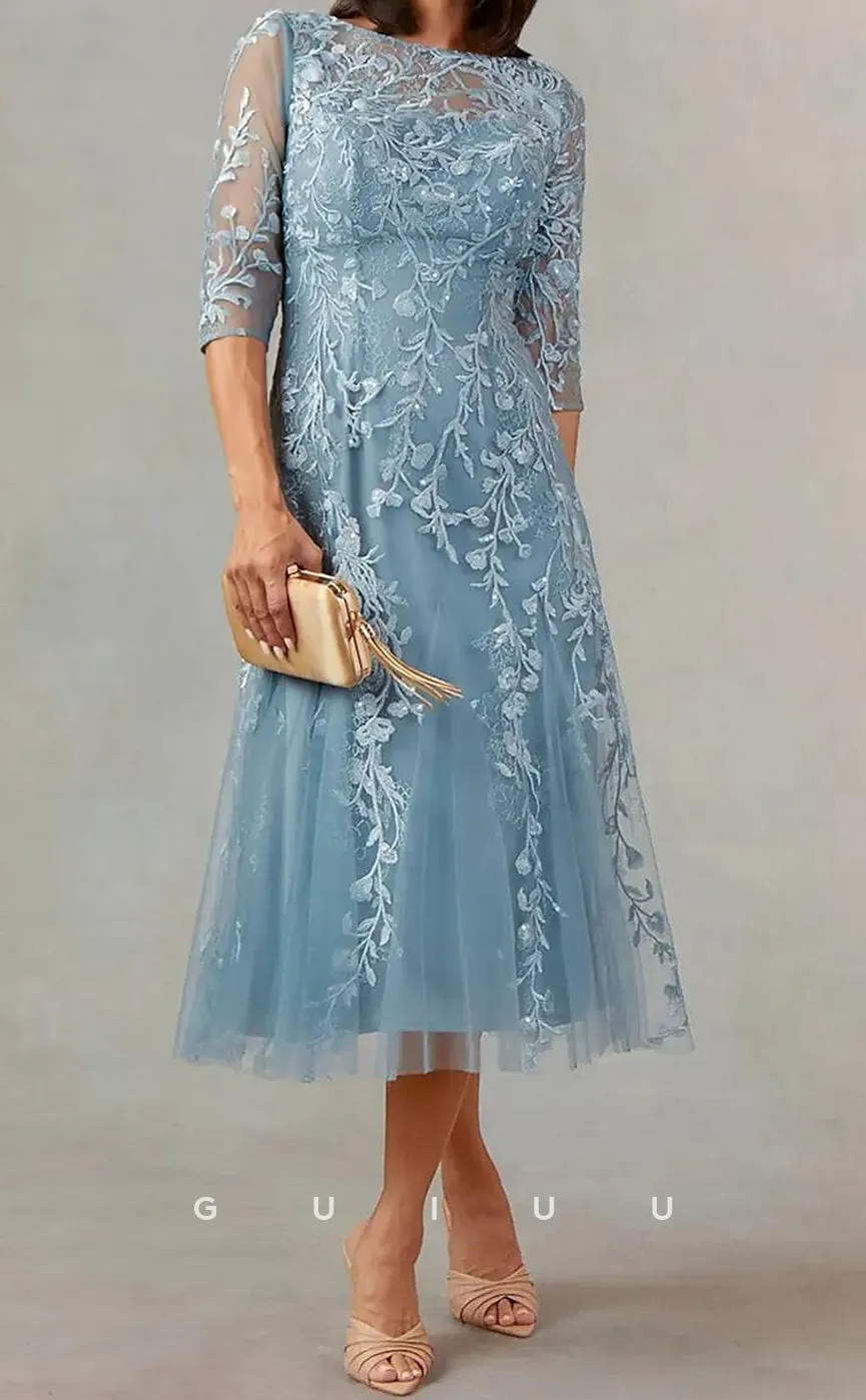 GM106 - A-Line Jewel Neck  Half Sleeves Tea Length Tulle Mother of the Bride Dress
