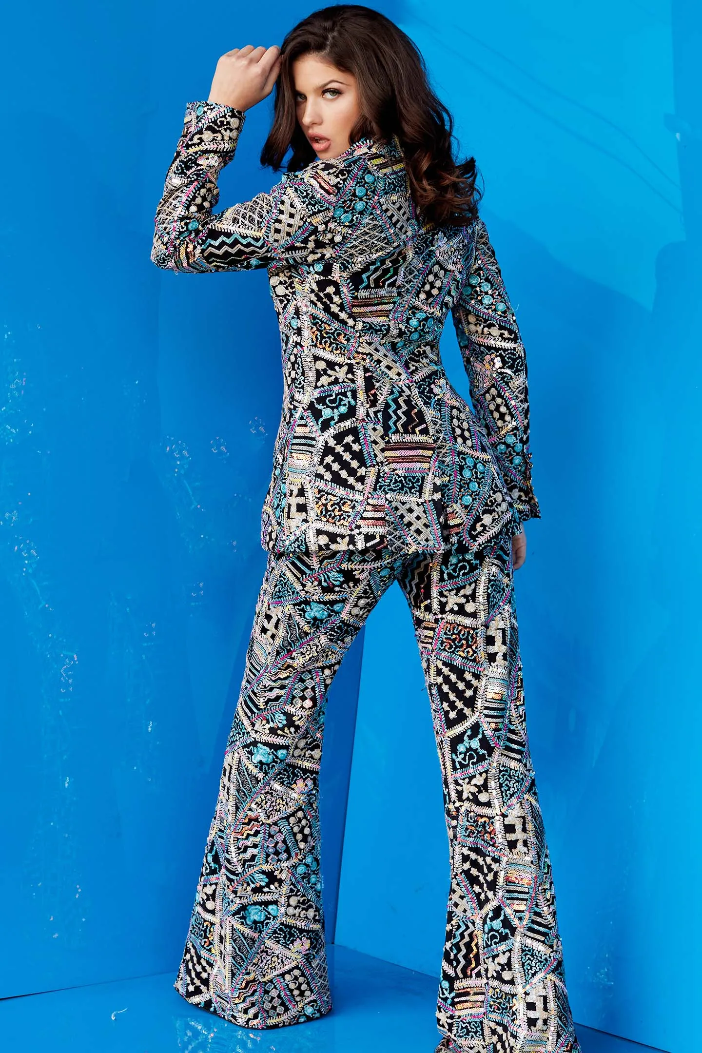 Jovani 09816 Long Sleeve Multi Embellished Flare Leg Formal Jumpsuit Aztec Geometric