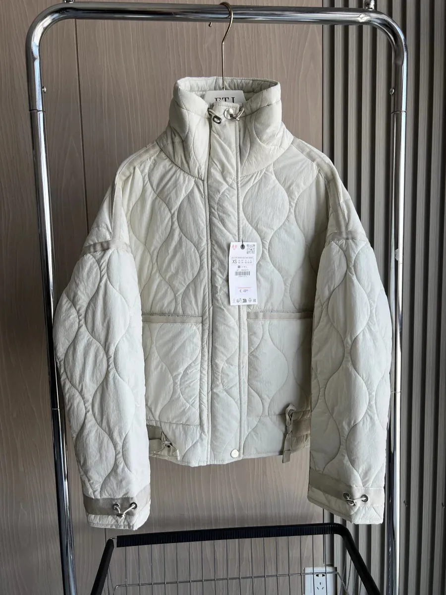 LVSANW Quilted coat for women ETJ 2025traf QUILTED JACKET WITH TIES new beige drawstring high neck pocket clip cotton jacket for women