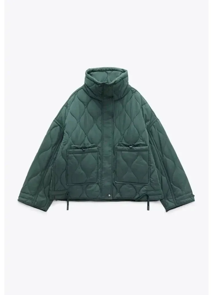 LVSANW Quilted coat for women ETJ 2025traf QUILTED JACKET WITH TIES new beige drawstring high neck pocket clip cotton jacket for women