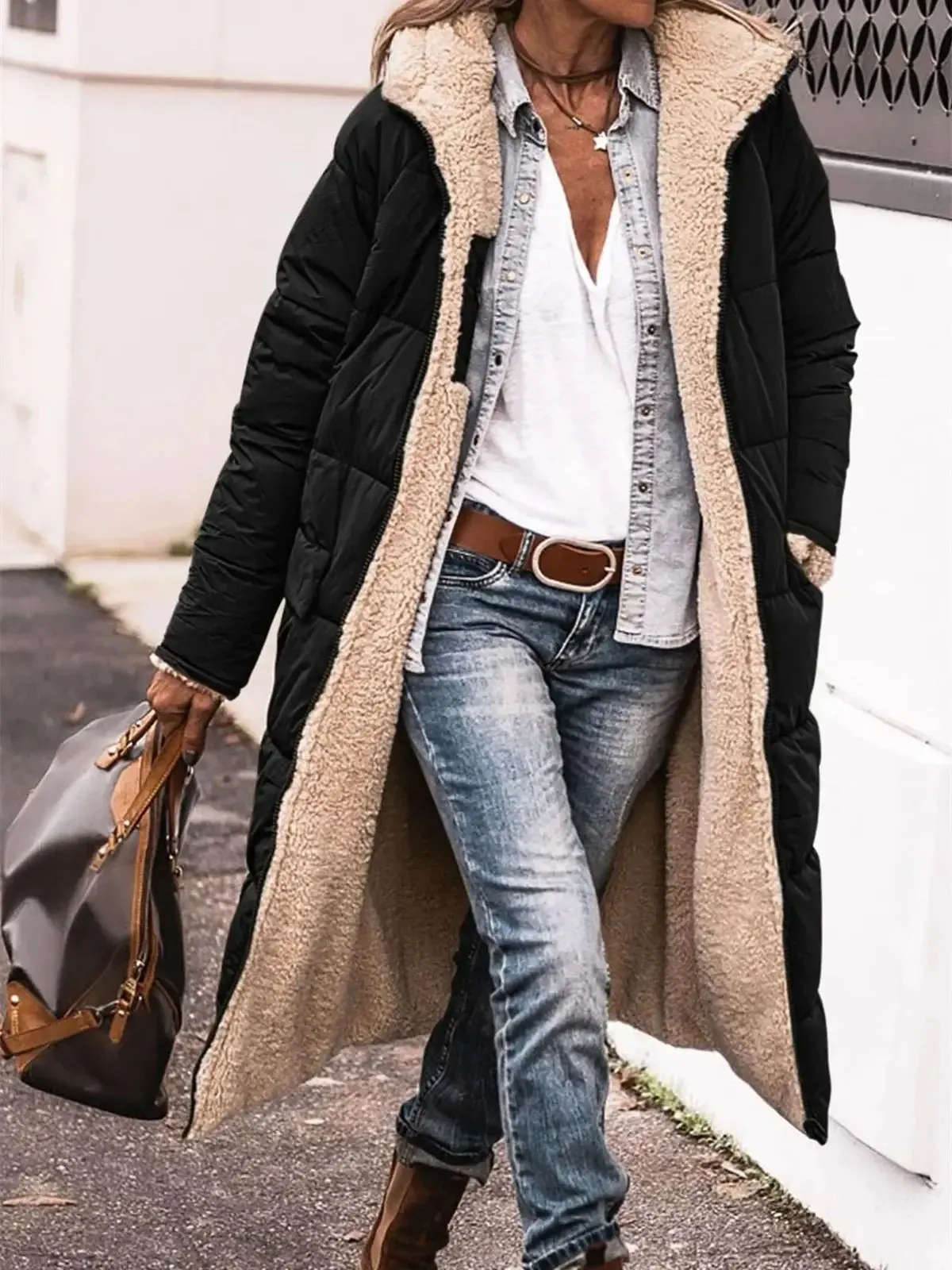 LVSANW Winter Hooded Quilted Jacket For Women Solid Reversible Long Sleeve Thick Coat Warm Fashion Long Outerwear Casual Puffer Coats
