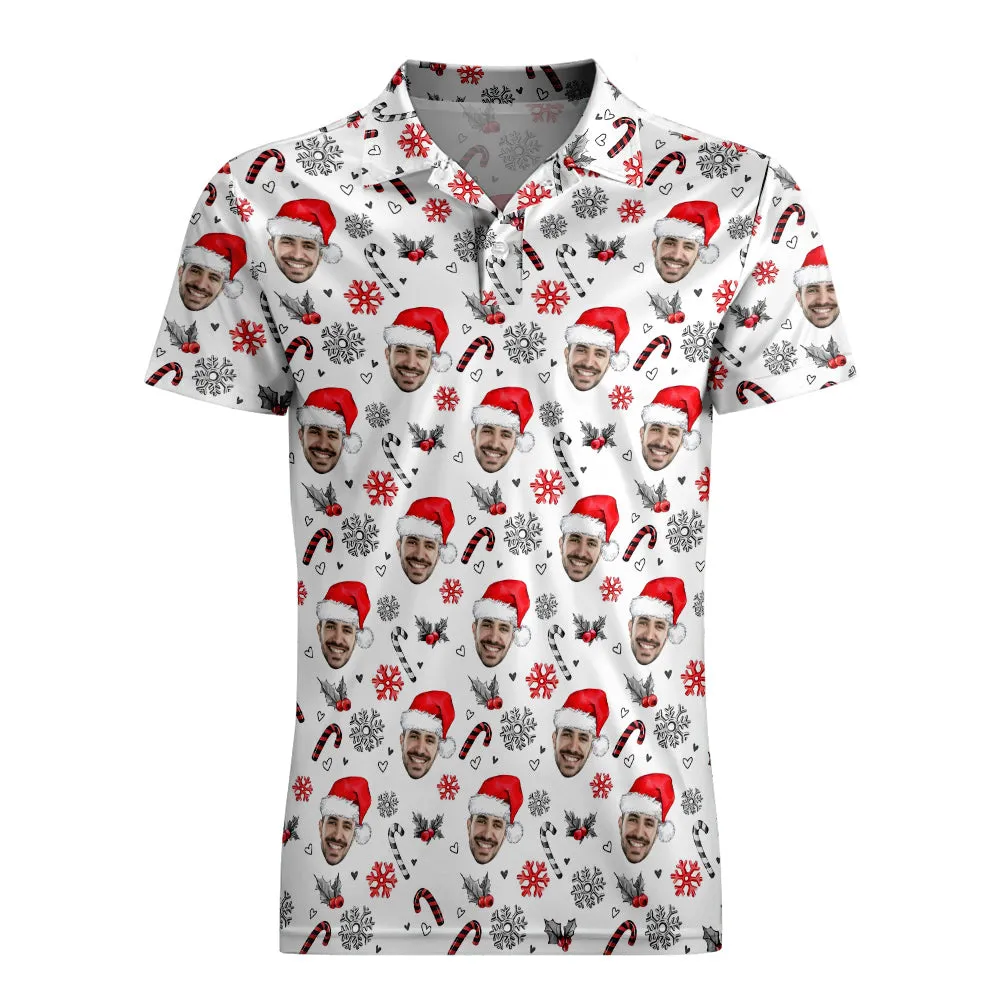 Men's Custom Face Shirt Personalised Face With Christmas Hat Pattern Golf Polo Shirts