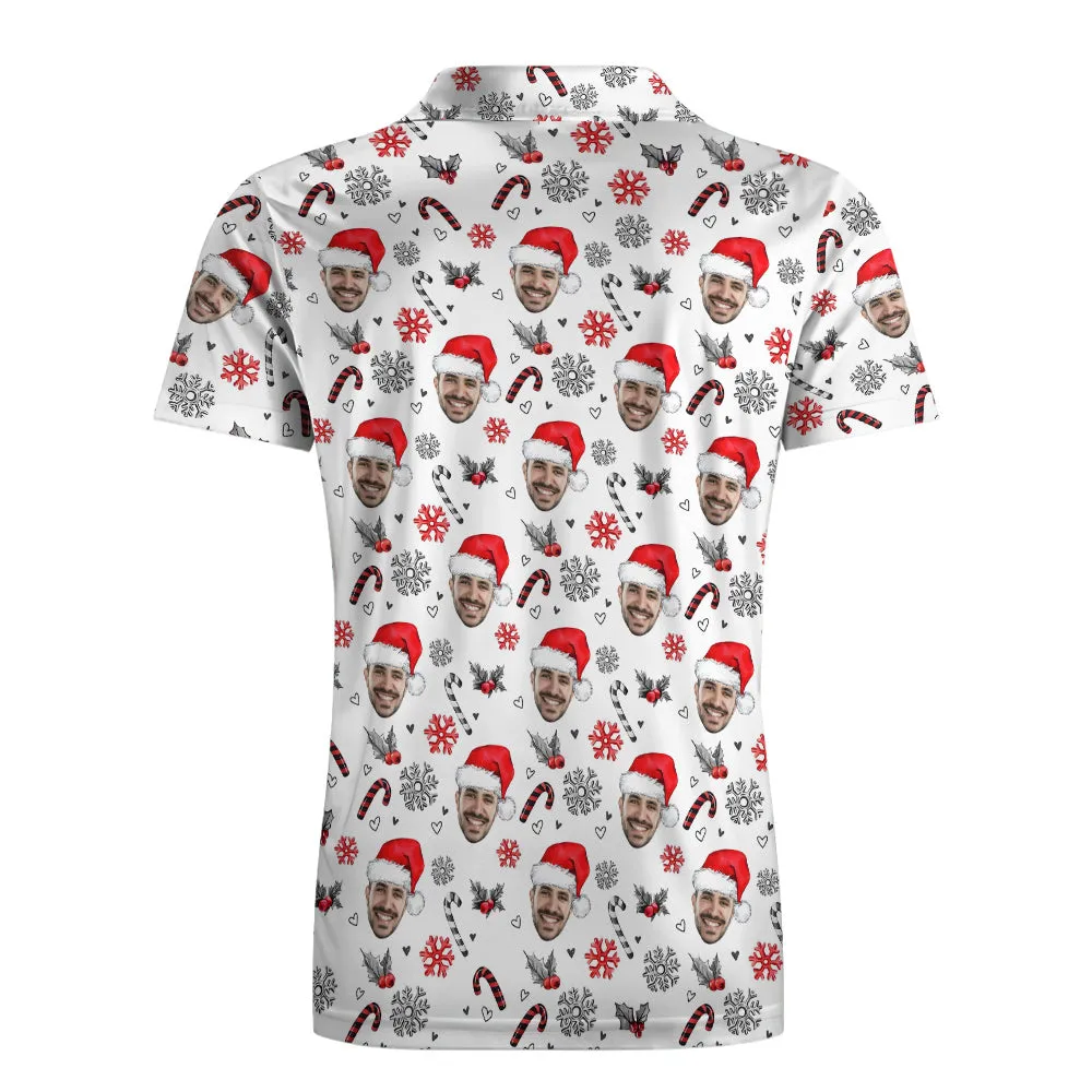 Men's Custom Face Shirt Personalised Face With Christmas Hat Pattern Golf Polo Shirts